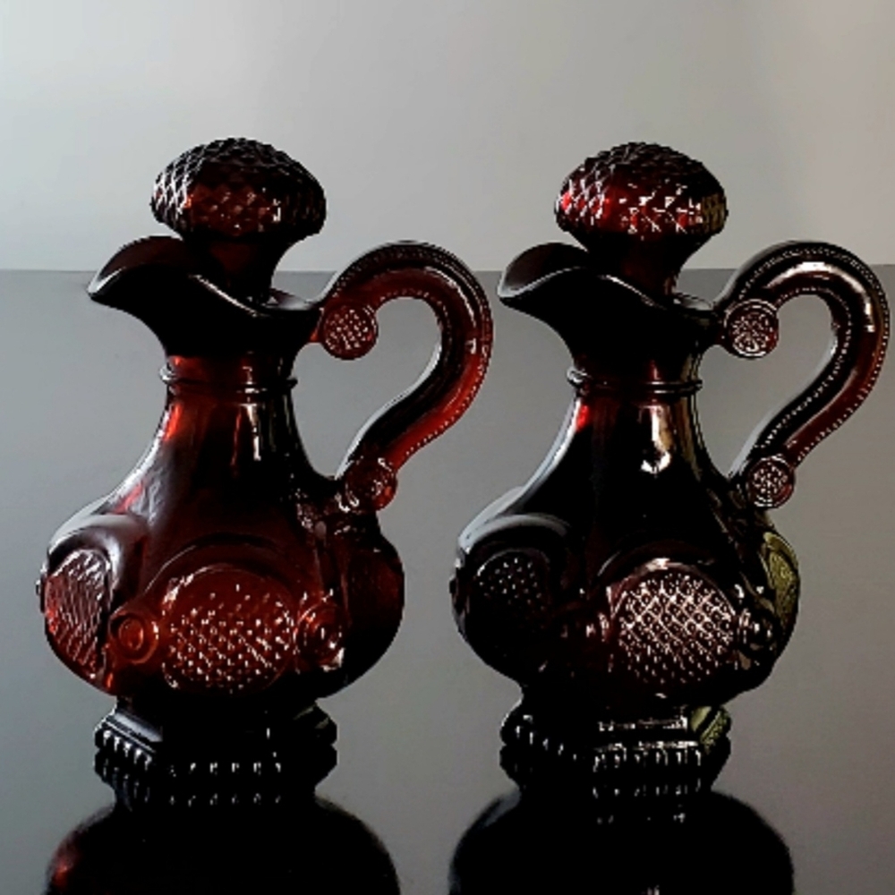 Pair Avon 1876 Cape Cod Dark Ruby Red Glass Cruets & Stoppers